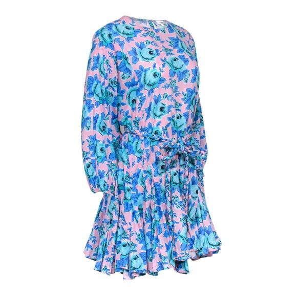 RHODE Women's Pink & Blue Floral Print Puff Sleeves Mini Dress Size Medium - Picture 3 of 16